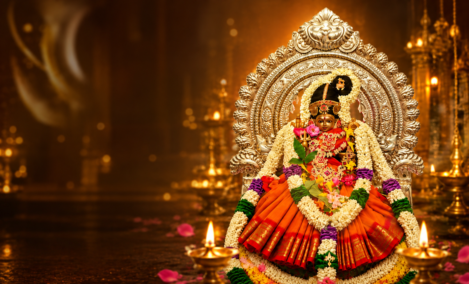 Kaali Ambal adorned with silk and flower garlands in the temple sanctum